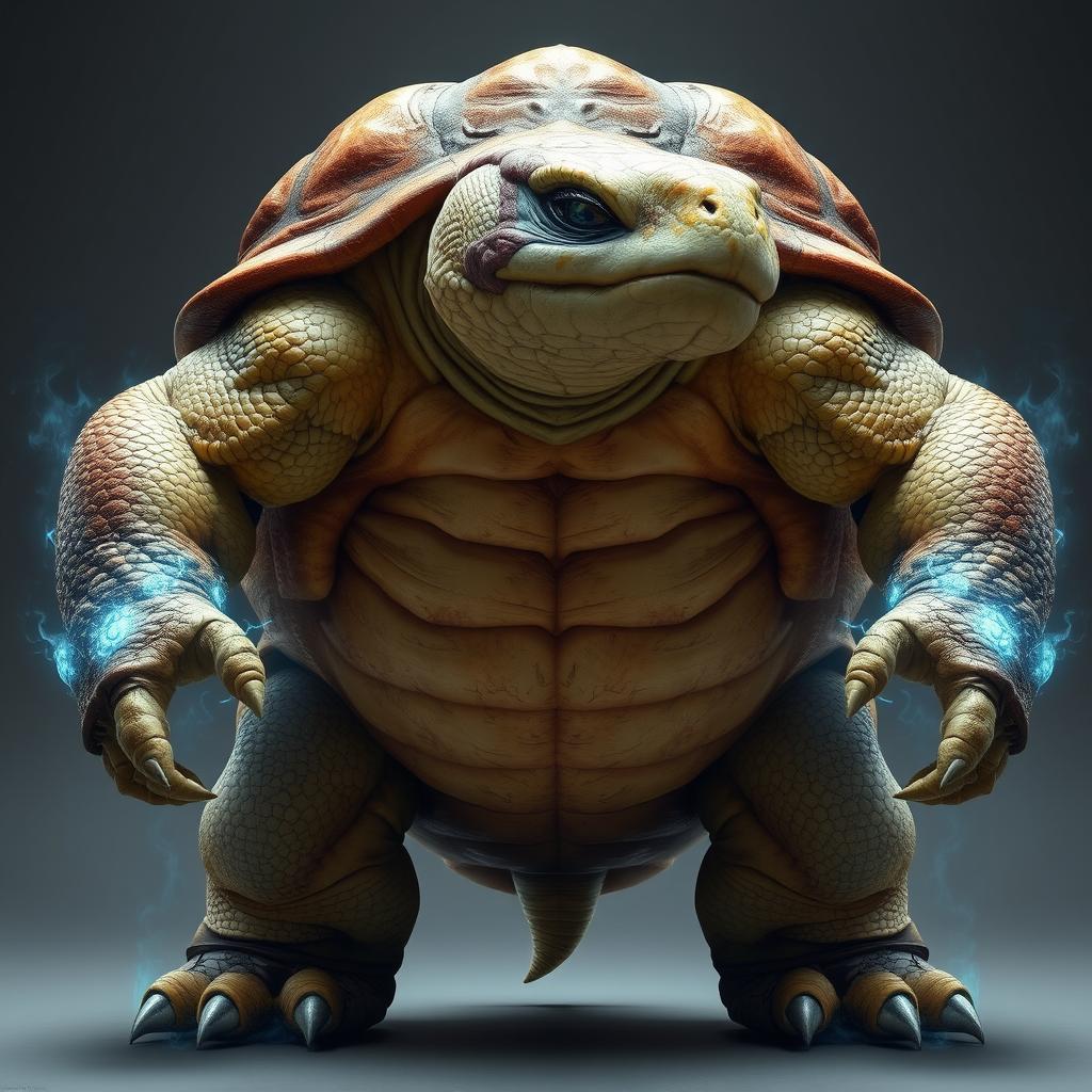 A large, robust humanoid turtle stands in full view, showcasing its grandeur