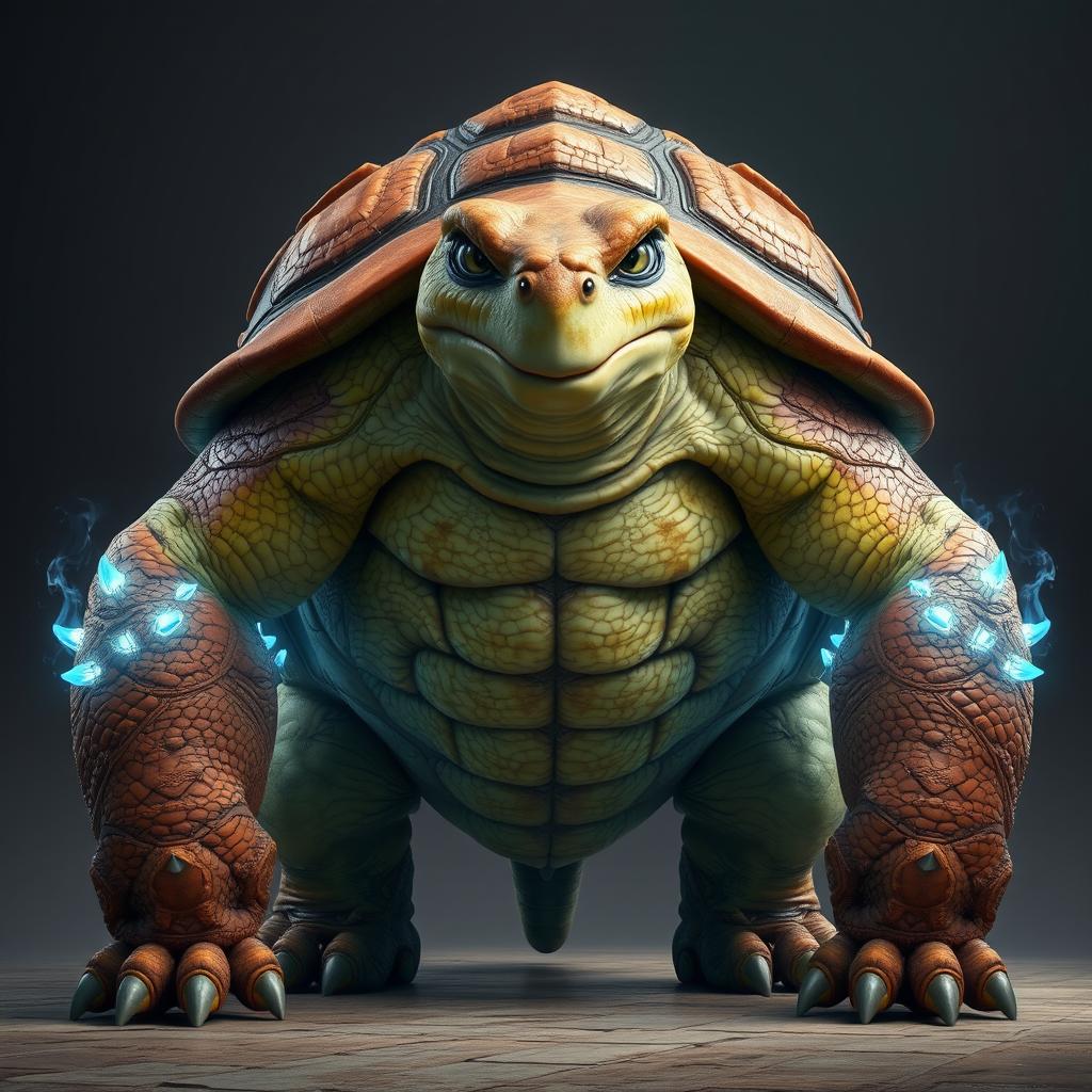 A large, robust humanoid turtle stands in full view, showcasing its grandeur