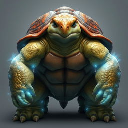 A large, robust humanoid turtle stands in full view, showcasing its grandeur