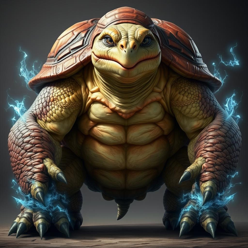 A large, robust humanoid turtle stands in full view, showcasing its grandeur