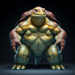 A large, robust humanoid turtle stands in full view, showcasing its grandeur