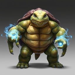 A large and muscular humanoid turtle stands prominently, its body exuding strength