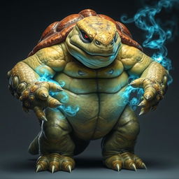 A large and muscular humanoid turtle stands prominently, its body exuding strength