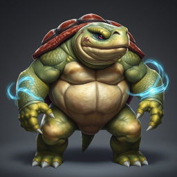 A large and muscular humanoid turtle stands prominently, its body exuding strength