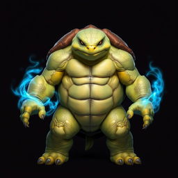 A large and muscular humanoid turtle stands prominently, its body exuding strength