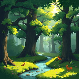 A serene and enchanting forest scene depicted in pixel art style, featuring towering trees with lush green foliage, a gentle stream running through the landscape, and dappled sunlight filtering through the canopy