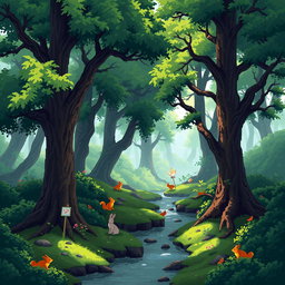 A serene and enchanting forest scene depicted in pixel art style, featuring towering trees with lush green foliage, a gentle stream running through the landscape, and dappled sunlight filtering through the canopy