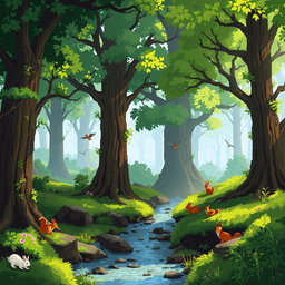 A serene and enchanting forest scene depicted in pixel art style, featuring towering trees with lush green foliage, a gentle stream running through the landscape, and dappled sunlight filtering through the canopy