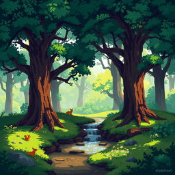 A serene and enchanting forest scene depicted in pixel art style, featuring towering trees with lush green foliage, a gentle stream running through the landscape, and dappled sunlight filtering through the canopy