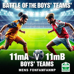 A powerful and dynamic poster for the "Battle of the Boys' Teams" featuring 11moA vs 11moB in the men's football championship