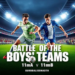 A powerful and dynamic poster for the "Battle of the Boys' Teams" featuring 11moA vs 11moB in the men's football championship