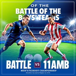 A powerful and dynamic poster for the "Battle of the Boys' Teams" featuring 11moA vs 11moB in the men's football championship