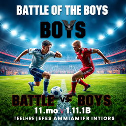 A captivating and intense poster for the "Battle of the Boys," showcasing the ultimate showdown between the 11moA vs 11moB teams in the men's football championship