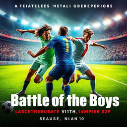 A captivating and intense poster for the "Battle of the Boys," showcasing the ultimate showdown between the 11moA vs 11moB teams in the men's football championship