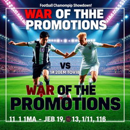 An exhilarating and powerful poster for the football championship showdown between 11moA and 11moB, titled "War of the Promotions