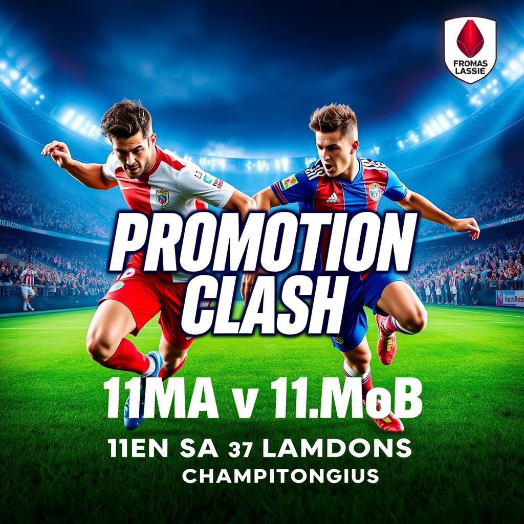 An exciting and visually striking poster for the "Promotion Clash: 11moA vs 11moB" in the men's football championship