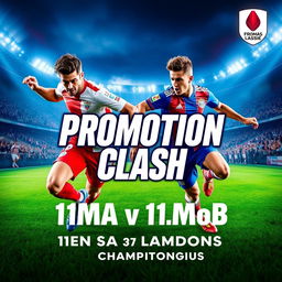 An exciting and visually striking poster for the "Promotion Clash: 11moA vs 11moB" in the men's football championship