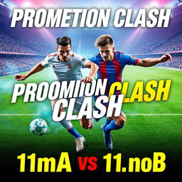 An exciting and visually striking poster for the "Promotion Clash: 11moA vs 11moB" in the men's football championship