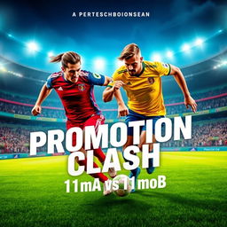 An exciting and visually striking poster for the "Promotion Clash: 11moA vs 11moB" in the men's football championship