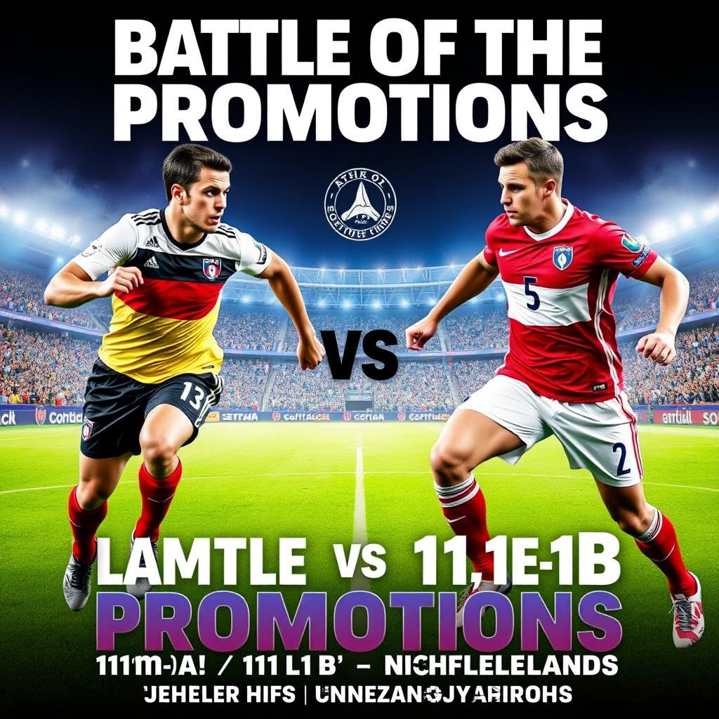An electrifying and dynamic poster for the "Battle of the Promotions: 11moA Germany vs 11moB Netherlands" in the men's football championship