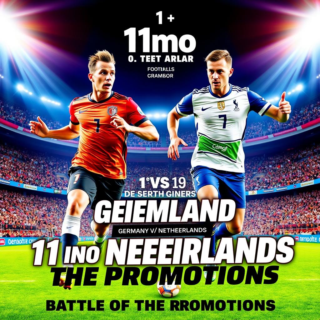 An eye-catching and thrilling poster for the "11moA Germany vs 11moB Netherlands" match in the men's football championship, titled "Battle of the Promotions