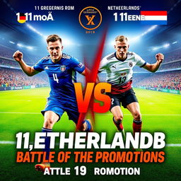 An eye-catching and thrilling poster for the "11moA Germany vs 11moB Netherlands" match in the men's football championship, titled "Battle of the Promotions