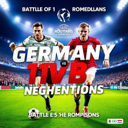 An eye-catching and thrilling poster for the "11moA Germany vs 11moB Netherlands" match in the men's football championship, titled "Battle of the Promotions