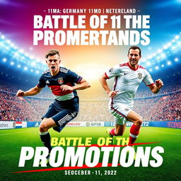 An eye-catching and thrilling poster for the "11moA Germany vs 11moB Netherlands" match in the men's football championship, titled "Battle of the Promotions