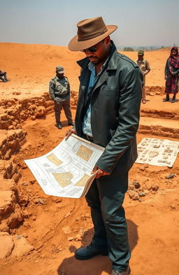 A charismatic, skilled detective and a knowledgeable local historian stand in front of a partially excavated archaeological dig site in Mali