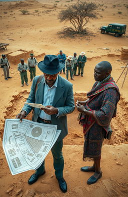 A charismatic, skilled detective and a knowledgeable local historian stand in front of a partially excavated archaeological dig site in Mali