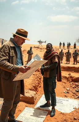 A charismatic, skilled detective and a knowledgeable local historian stand in front of a partially excavated archaeological dig site in Mali