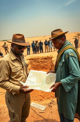 A charismatic, skilled detective and a knowledgeable local historian stand in front of a partially excavated archaeological dig site in Mali