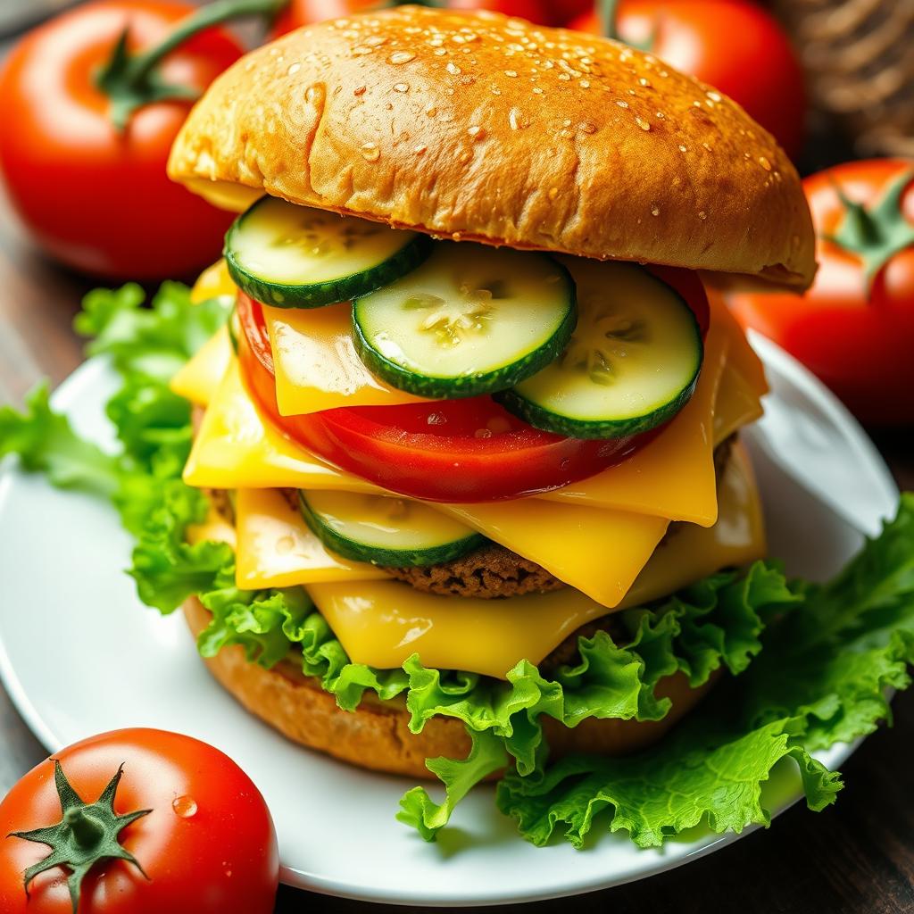 A highly detailed large double burger featuring layers of melted cheese, fresh cucumber slices, and juicy tomato