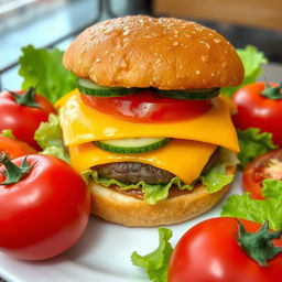 A highly detailed large double burger featuring layers of melted cheese, fresh cucumber slices, and juicy tomato