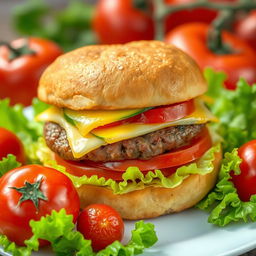 A highly detailed large double burger featuring layers of melted cheese, fresh cucumber slices, and juicy tomato