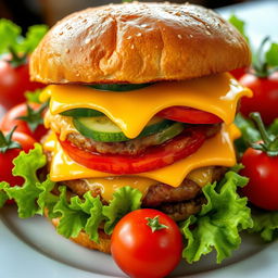 A highly detailed large double burger featuring layers of melted cheese, fresh cucumber slices, and juicy tomato