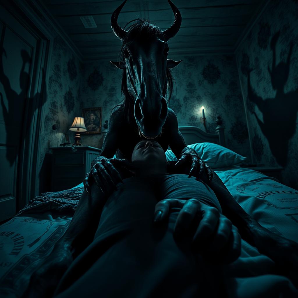 A closeup POV depiction of an intense scene in an abandoned witch house bedroom at night