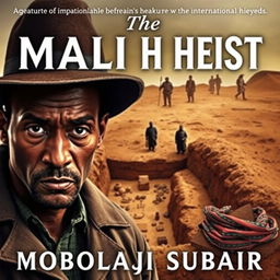 A captivating book cover for 'The Mali Heist' by Mobolaji Subair