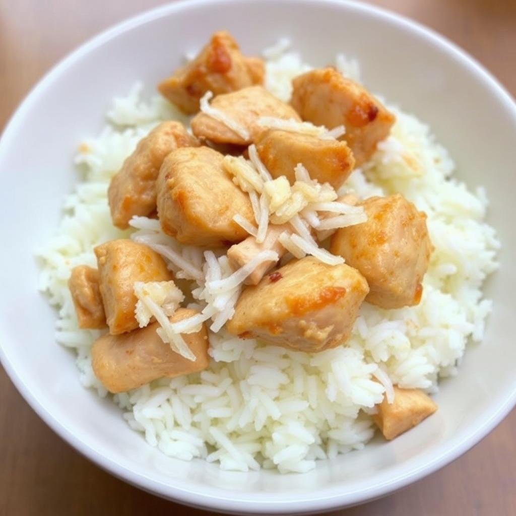 A bowl filled with fluffy white rice, topped with tender, juicy pieces of seasoned chicken, mixed with additional rice