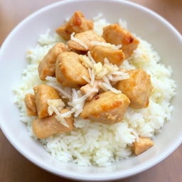 A bowl filled with fluffy white rice, topped with tender, juicy pieces of seasoned chicken, mixed with additional rice