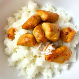 A bowl filled with fluffy white rice, topped with tender, juicy pieces of seasoned chicken, mixed with additional rice