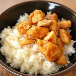 A bowl filled with fluffy white rice, topped with tender, juicy pieces of seasoned chicken, mixed with additional rice