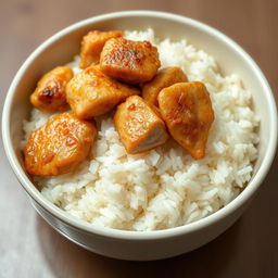 A bowl filled with fluffy white rice, topped with tender, juicy pieces of seasoned chicken, mixed with additional rice