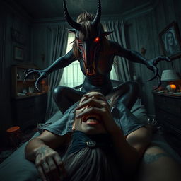 A closeup POV depiction of an intense and nightmarish scene in an abandoned witch house bedroom during the night