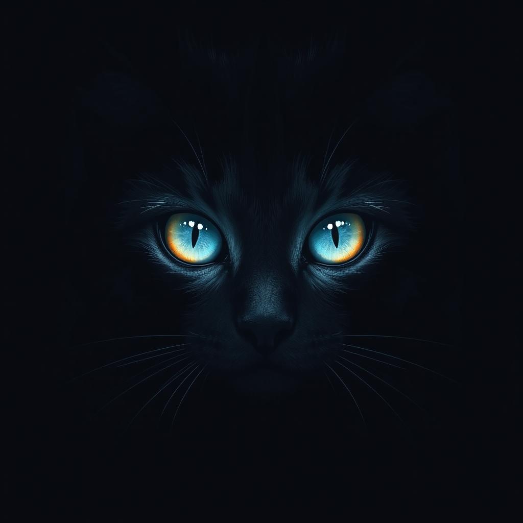 Book cover with an entirely dark background featuring the bright, luminous eyes of a cat girl in the center