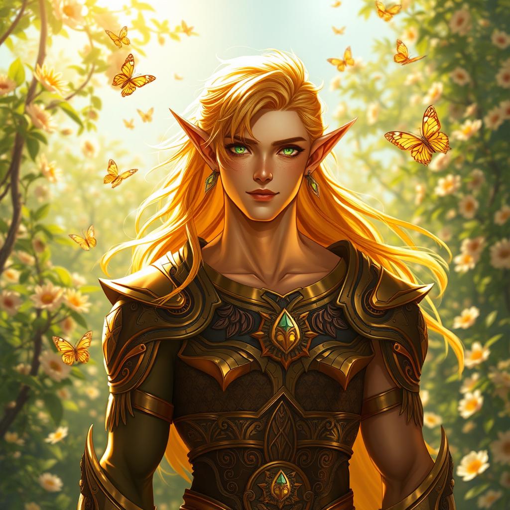 A striking male Summer Eladrin, embodying the warmth and vibrancy of summer