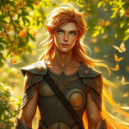 A striking male Summer Eladrin, embodying the warmth and vibrancy of summer