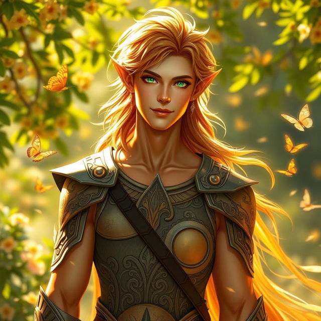 A striking male Summer Eladrin, embodying the warmth and vibrancy of summer