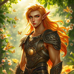 A striking male Summer Eladrin, embodying the warmth and vibrancy of summer