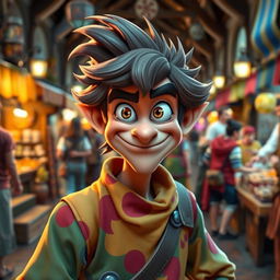 A mischievous and playful character with a sly smile, wearing vibrant and colorful clothing